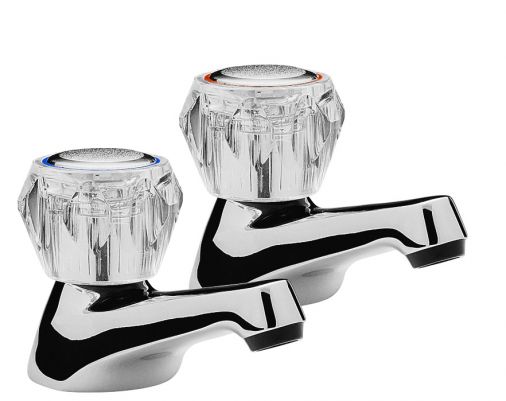 Capri pair of basin taps, clear heads, Chrome Plated