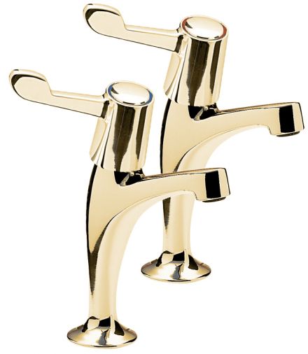 Capri lever pair of high neck pillar taps,ceramic disc, 3" lever, Antique Gold Plated