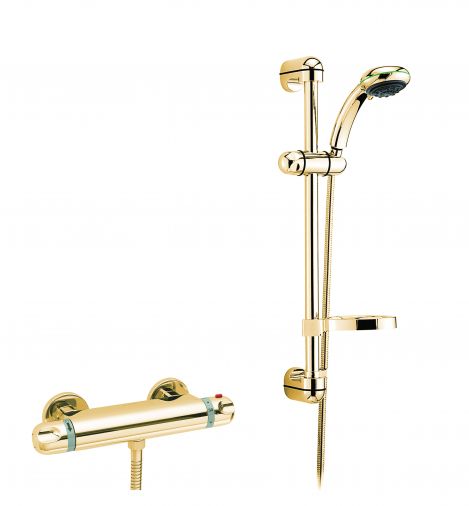 Roma exposed thermostatic shower valve complete with Europa No. 2 kit, Antique Gold Plated