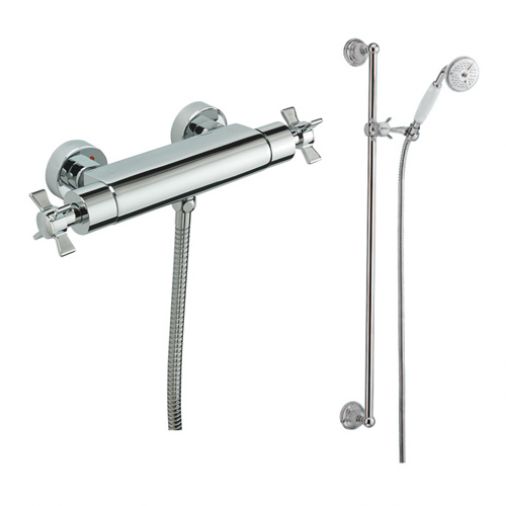 Traditional Crosshead Exposed thermostatic shower valve with sliding rail kit, Chrome Plated