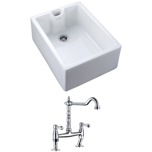 Rangemaster Classic Belfast 1 Bowl White Fireclay Ceramic Sink & Waste and Butler & Rose Carlton Tra