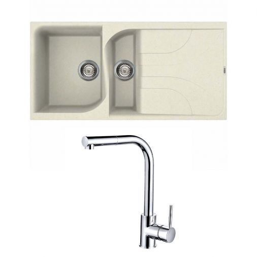 Reginox Ego Cream Granite Composite 1.5 Bowl Kitchen Sink & Vellamo Savu Pull Out Kitchen Mixer