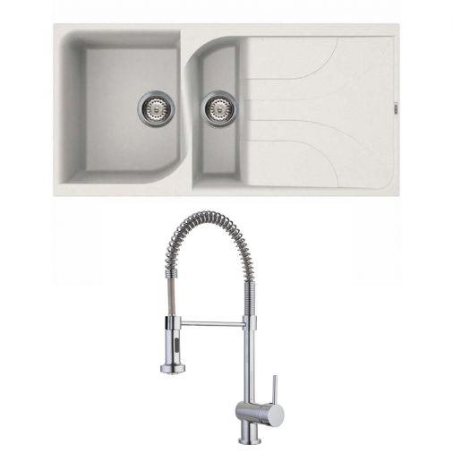 Reginox Ego White Granite Composite 1.5 Bowl Kitchen Sink & Vellamo FlexiSpray Kitchen Mixer