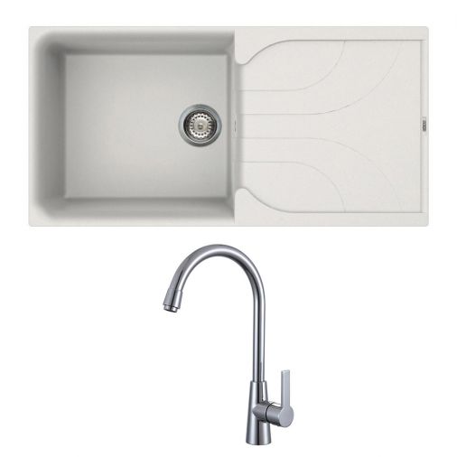 Reginox Ego White Granite Composite Single Bowl Kitchen Sink & Mayfair Pacific Mono Kitchen Mixer Ta