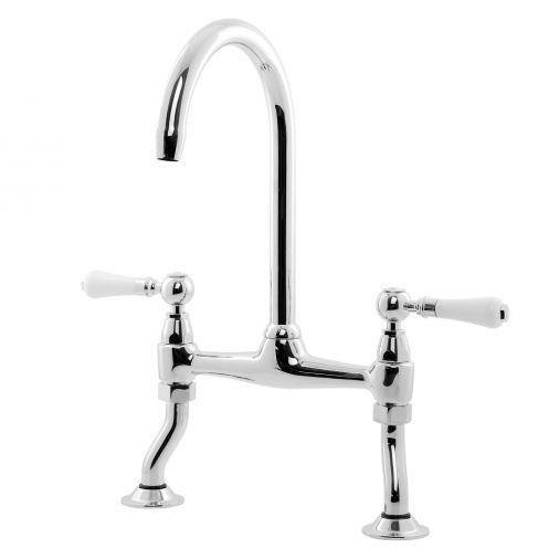 Caple Knightsbridge Traditional Kitchen Bridge Mixer with White Lever Handles - Chrome