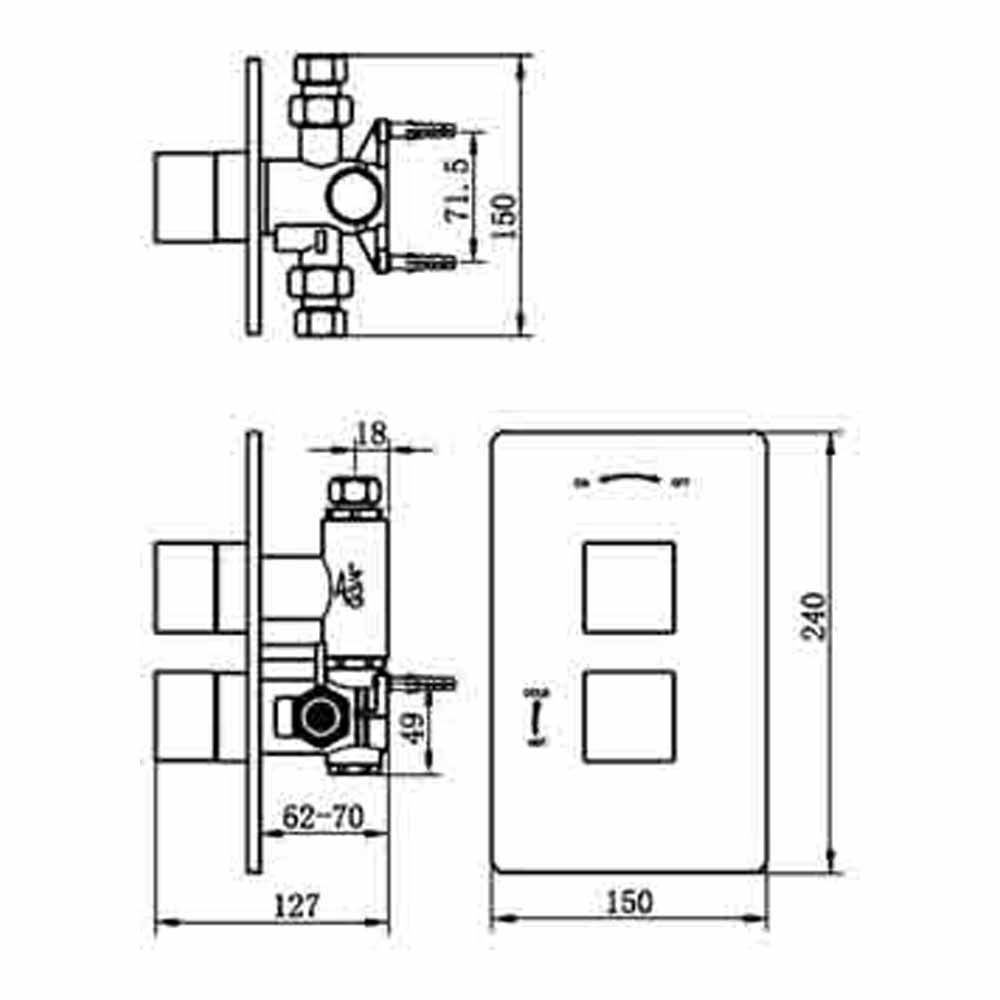 Square Concealed thermostatic shower valve with 2 way diverter with